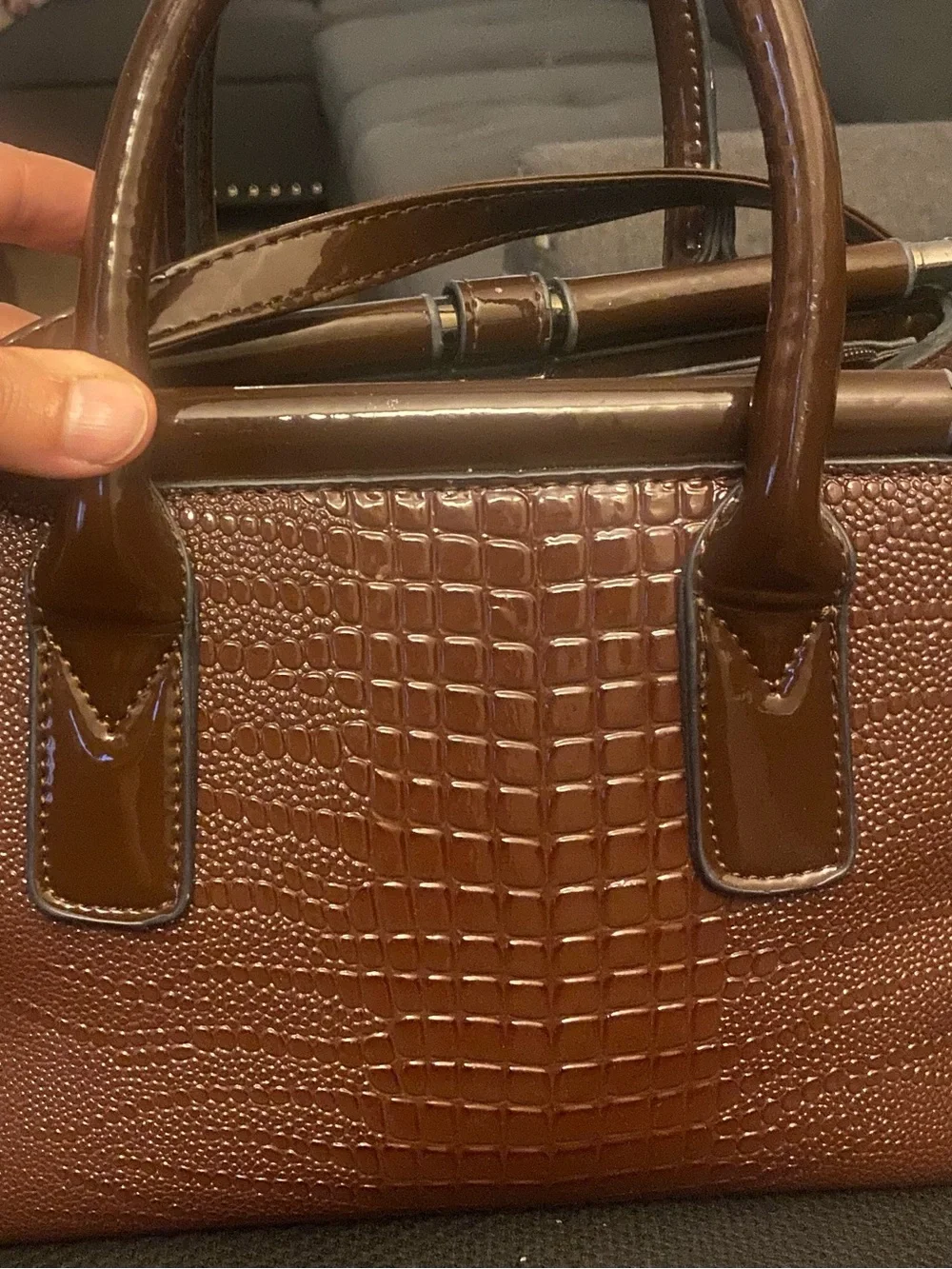 Brown Croc-Embossed Structured Satchel - Unbranded